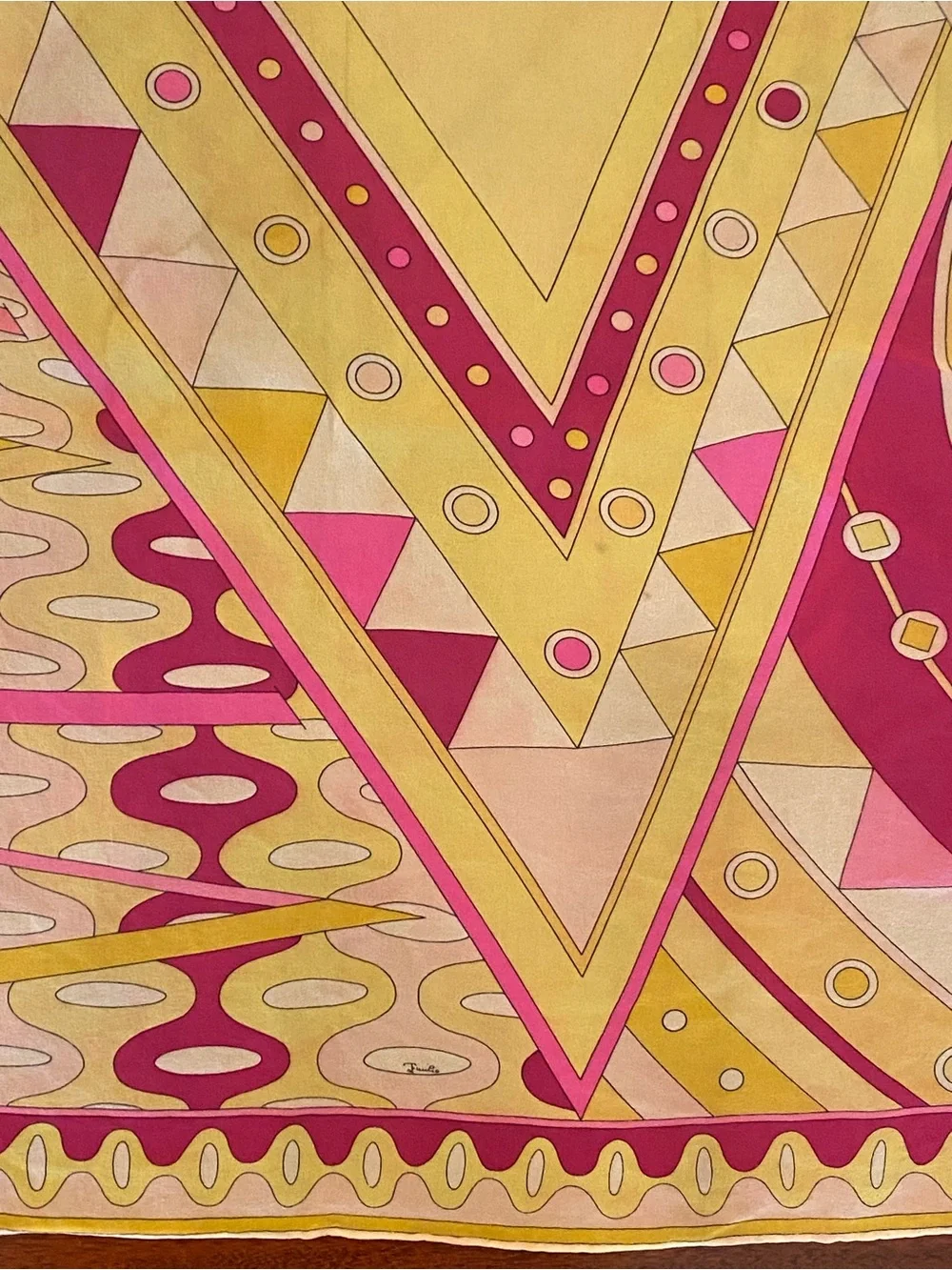 Vintage Mid Century Emilio Pucci Geometric Pink & Yellow Large Silk Scarf